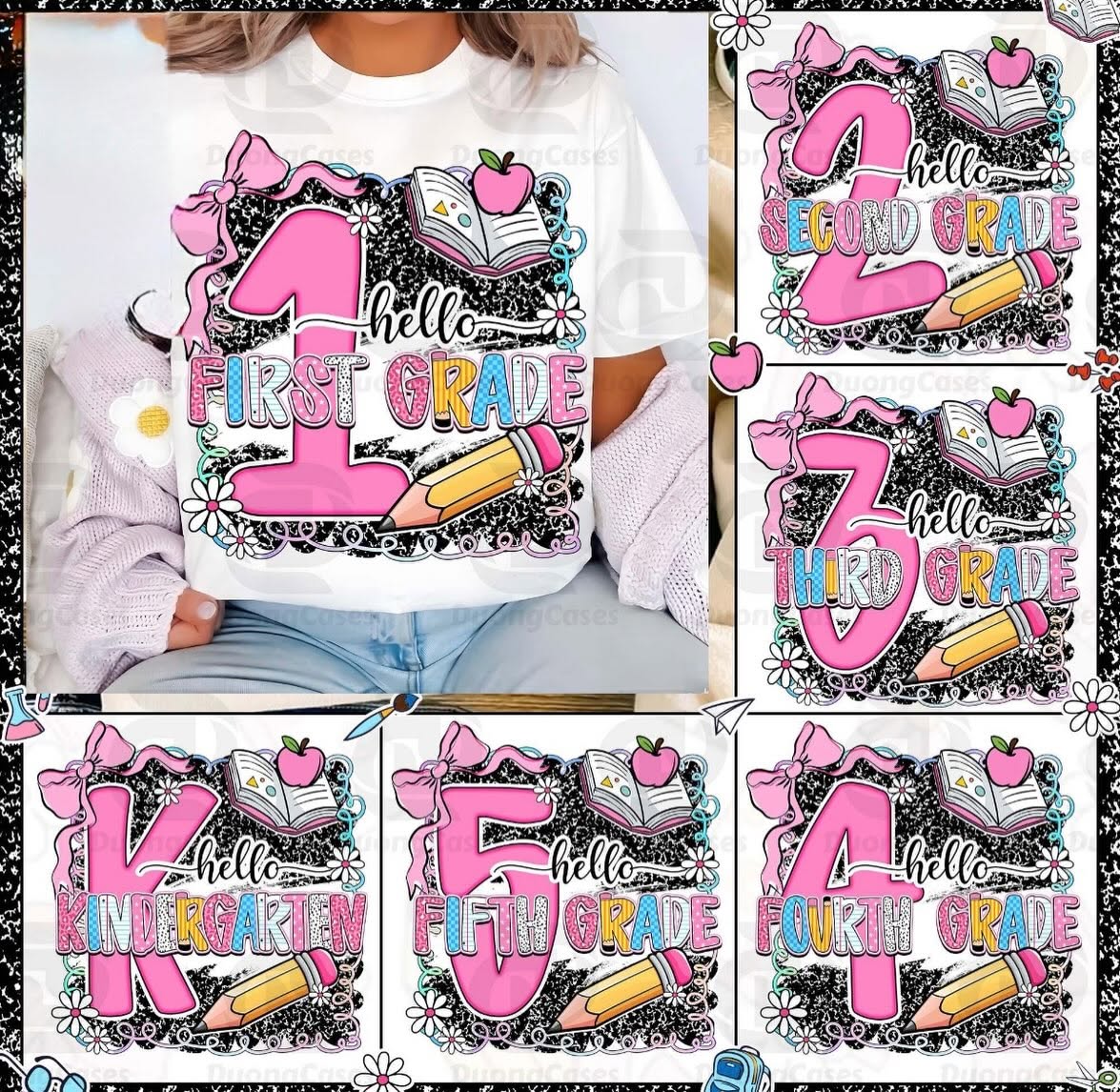 Collage of custom grade-level t-shirt designs, from Kindergarten through Fifth Grade